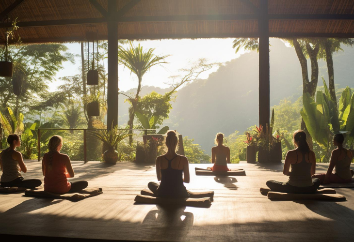 A guest practicing meditation amidst lush greenery at a Kerala wellness retreat in India.