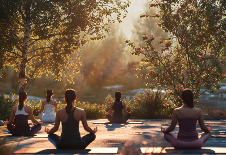 A serene group meditation session by the Ganges River at a yoga retreat in Rishikesh, India.